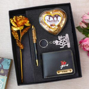 Premium Men’s Gift Combo – Personalized Wallet, Golden Rose, Pen & More